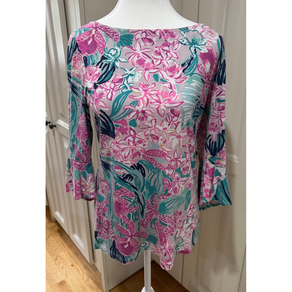 Lilly Pulitzer Top Size S Pink Green Floral Print 3/4 Sleeve Boat Neck Barbie
